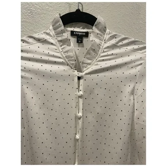 EXPRESS Slim Polka Dot Ruffle Neck Antique White Blouse - Picture 3 of 6
